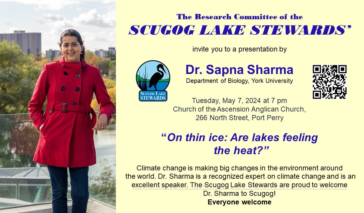 The @ScugogLakeStew are welcoming Dr. Sapna Sharma as the speaker at their first Science Social of 2024 on Tuesday, May 7th. The session will begin at 7 pm at the Church of the Ascension Anglican Church, 266 North Street, Port Perry. Everyone is welcome. scugoglakestewards.com