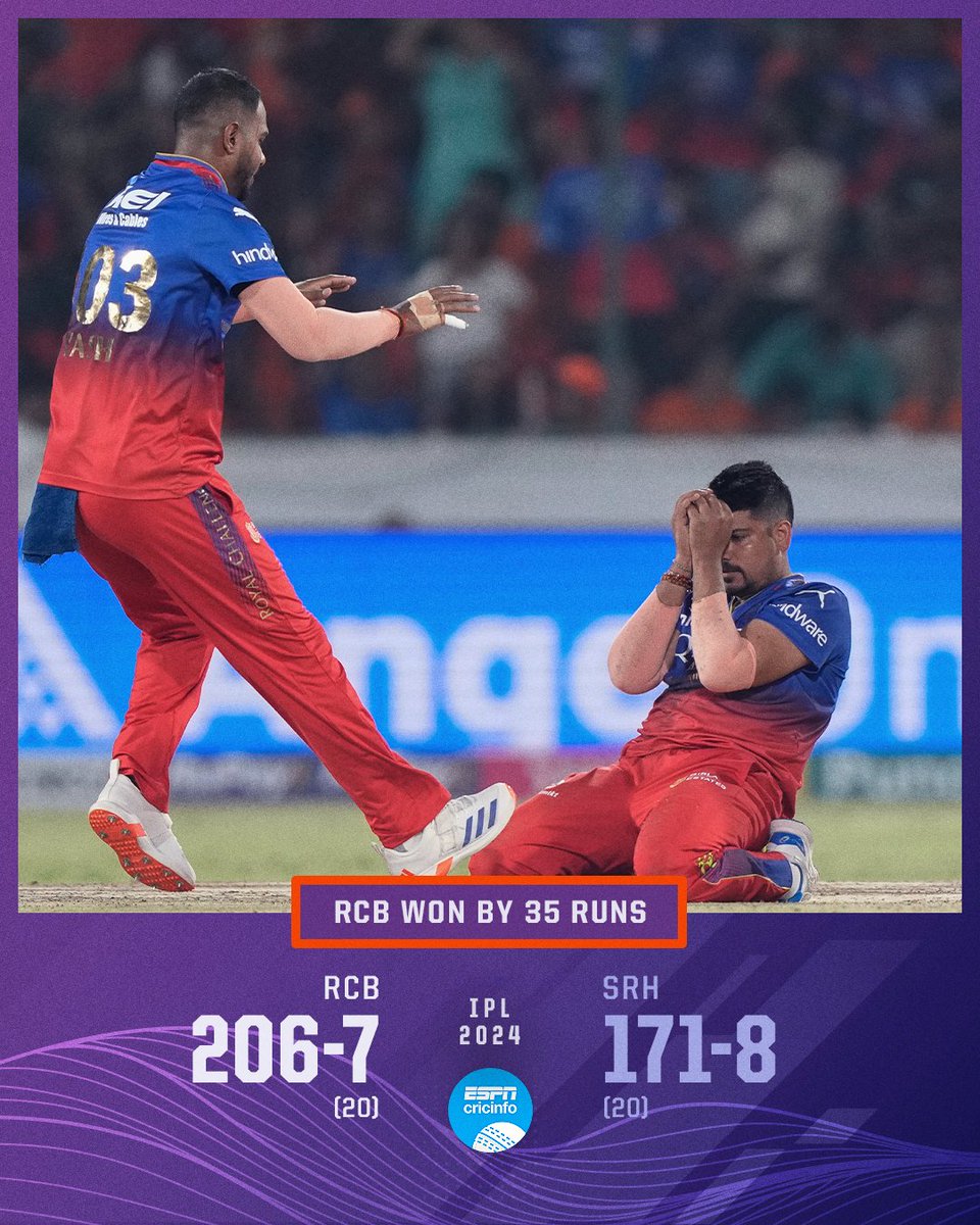 Did you expect this result? 😮 A month after winning their first #IPL2024 match, RCB bag their second victory of the season by beating SRH ✨ es.pn/IPL2024-M41 #IPL2024 #SRHvRCB