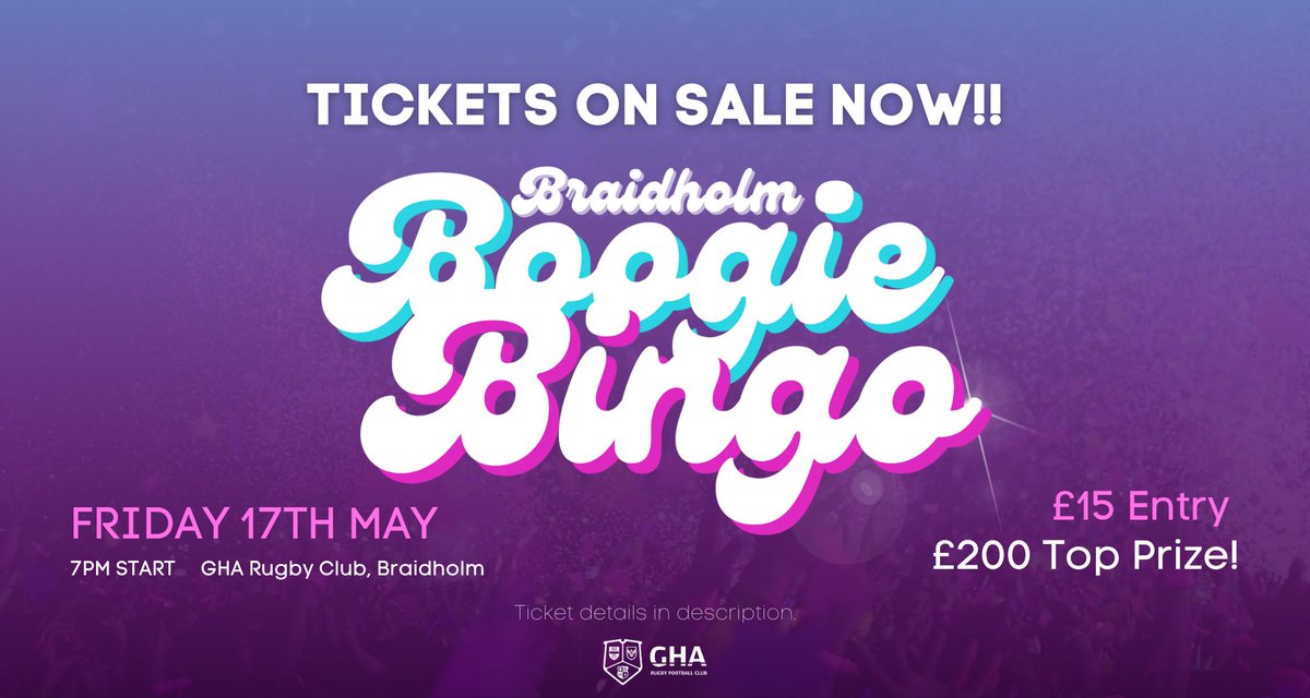 🪩TICKETS ON SALE NOW for Braidholm Boogie Bingo 2024 🪩 Sing and dance your way to big cash prizes and surprises, Braidholm Boogie Bingo promises to bring the party with an unforgettable night. - £15 - £200 top cash prize!! - Don't miss out!: tikt.link/GHABINGO24