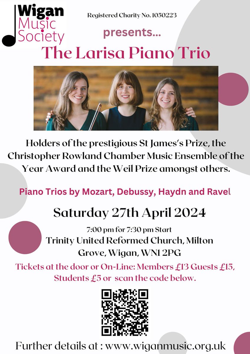 Just a reminder folks that our next concert is this coming Saturday 27th April with @LarisaTrio 
Tickets are available via the qr code or pay on the door. 
#wigan #ClassicalMusic #larisapianotrio #thearts #northwest #livemusic