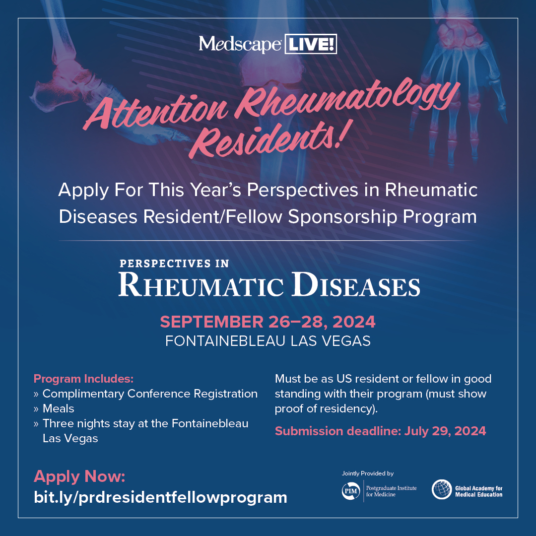 📢 Announcement: Perspectives in Rheumatic Diseases Conference is now accepting applications for our Resident/Fellow Sponsorship Program. Apply Today at bit.ly/prdresidentfel…. #PRDLive24