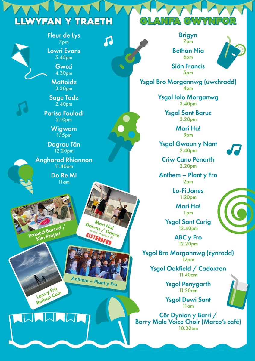 Rydym yn edrych ymlaen at weld pawb ar Ynys y Barri @gwylfachyfro ar 18 Mai! We are looking forward to welcoming everyone to Barry Island on Sat 18 May for this year's Gwyl Fach y Fro! Here's the final line-up &amp; schedule for the day....
<a href="/YDewiSant/">Ysgol Dewi Sant</a> @ysgolsantbaruc <a href="/YGBroMorgannwg/">Ysgol Y Fro-Uwchradd</a>