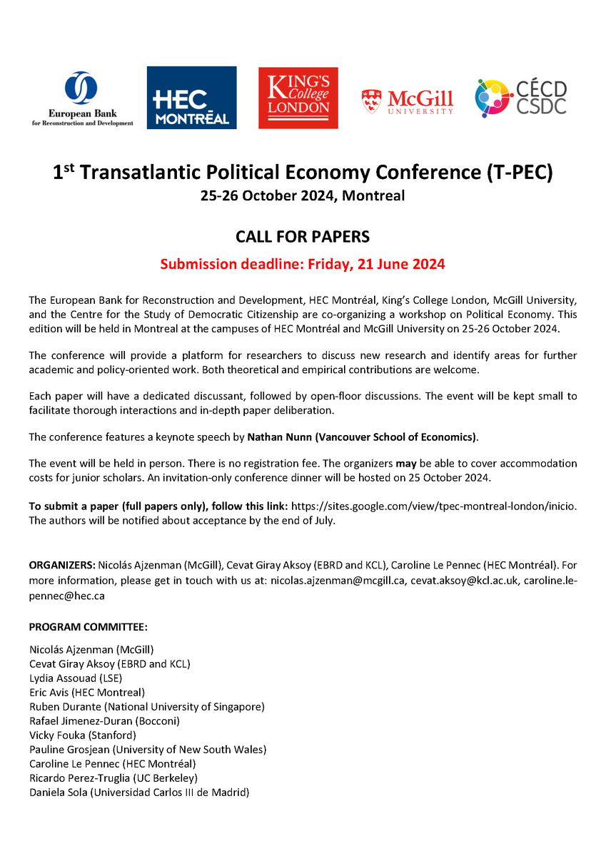 Join us for the 1st Transatlantic Political Economy Conference on Oct 25-26 in Montreal! I co-organize with @Nicolas_Ajz and @cevatgirayaksoy and it will be great. Send your papers before June 21: shorturl.at/fhizZ And share with your friends! @EcoAHEC @CSDC_CECD
