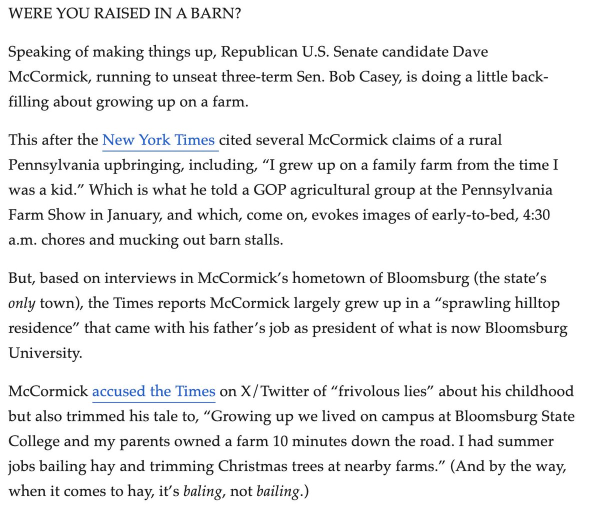 Dave McCormick be lying (and 'bailing' hay lmao) #pasen pennlive.com/politics/2024/…