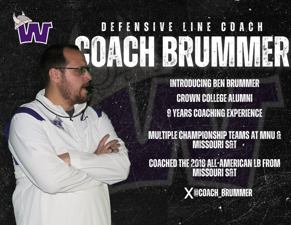 wu_football's tweet photo. Introducing Coach Brummer to the Warrior coaching line-up for the Fall 2024 season. @Coach_Brummer brings 9 years of experience with championship teams to our D-Line. #WarriorFootball #WIN https://t.co/HuMNsUmin6
