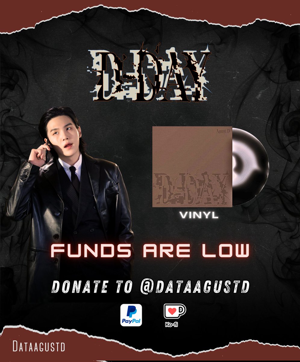 ‼️ D-DAY VINYL STATUS UPDATE ‼️ 📀 Vinyls funded: 10 🔥 💵 Current Balance: $819,57 (for 1st tracking week) LOW 🚨🚨 Kindly donate and help us fund at least 50 more copies. 🙏💜 Every $ matters! Please donate here: PayPal paypal.me/DataAgustD Ko-fi ko-fi.com/dataagustd…