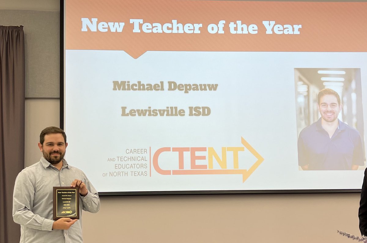 Congratulations ⁦@LISDWeld⁩ for being named the CTENT New Teacher of the Year! He is a valuable member of our staff and provides innovative experiences for all of his students. ⁦@lisdcte⁩ ⁦@LewisvilleISD⁩ ⁦@GilbreathJustin⁩