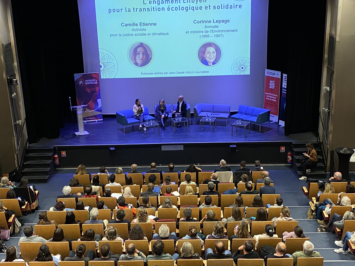 « On ne pourra pas s’attaquer à l’action climatique sans réelle justice ». En ce moment à la Maison des étudiants A. Schoenig, on inaugure la chaire Ecocirculab en présence entre autres de @CamilleEtienne_ et @corinnelepage. @umontpellier #MtpManagement