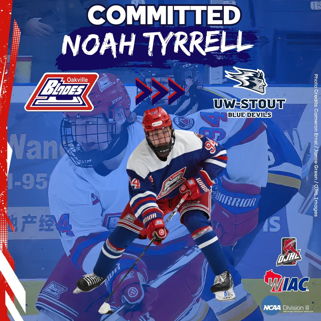 OA forward, Noah Tyrrell, has committed to UW-Stout! 'I am very excited to continue my academic and hockey career with Stout! I’d like to thank my parents, my family, billets, coaches, teammates, and everyone who helped me along the way!' - Noah Tyrrell #OBladesHky #GoBladesGo