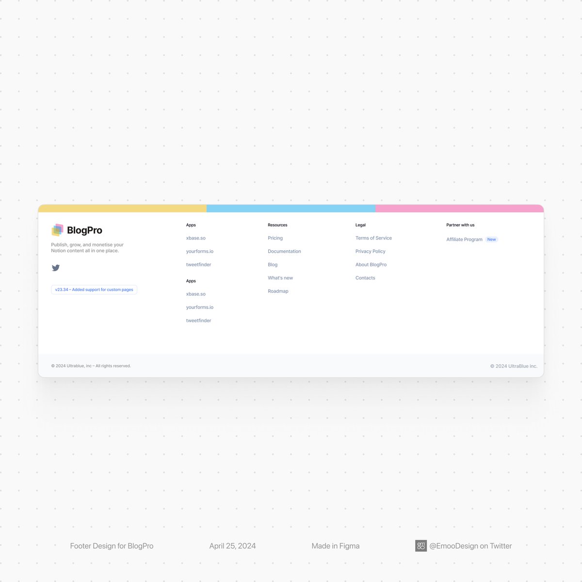 EmooDesign's tweet photo. Footer design for BlogPro's landing page — Made in Figma 🎨✨ https://t.co/J53LvmdqEZ