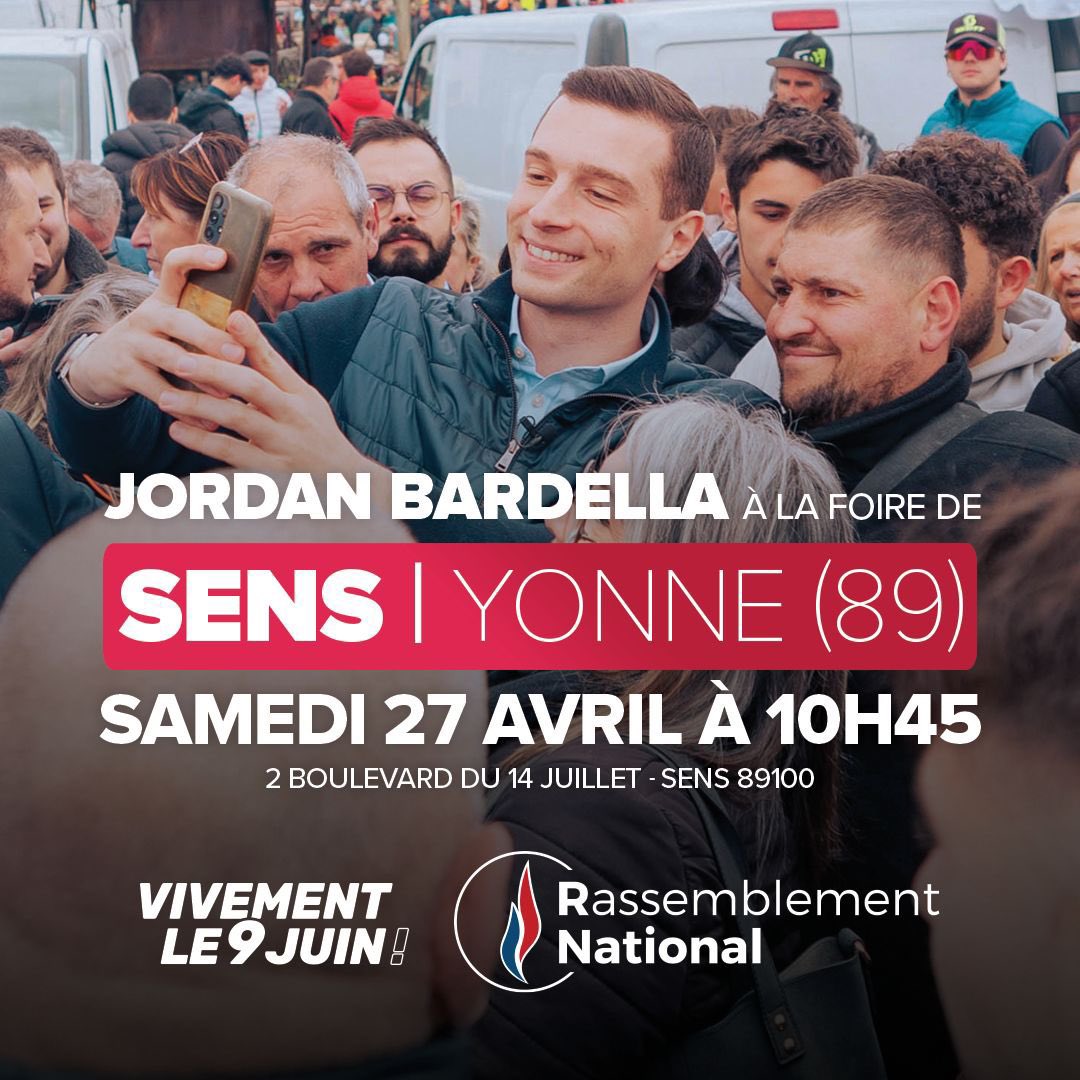 Rendez-vous samedi matin 10H45 à #Sens pour accueillir notre président, @J_Bardella, tête de liste aux élections européennes.

#Yonne
#VivementLe9Juin 
#RassemblementNational