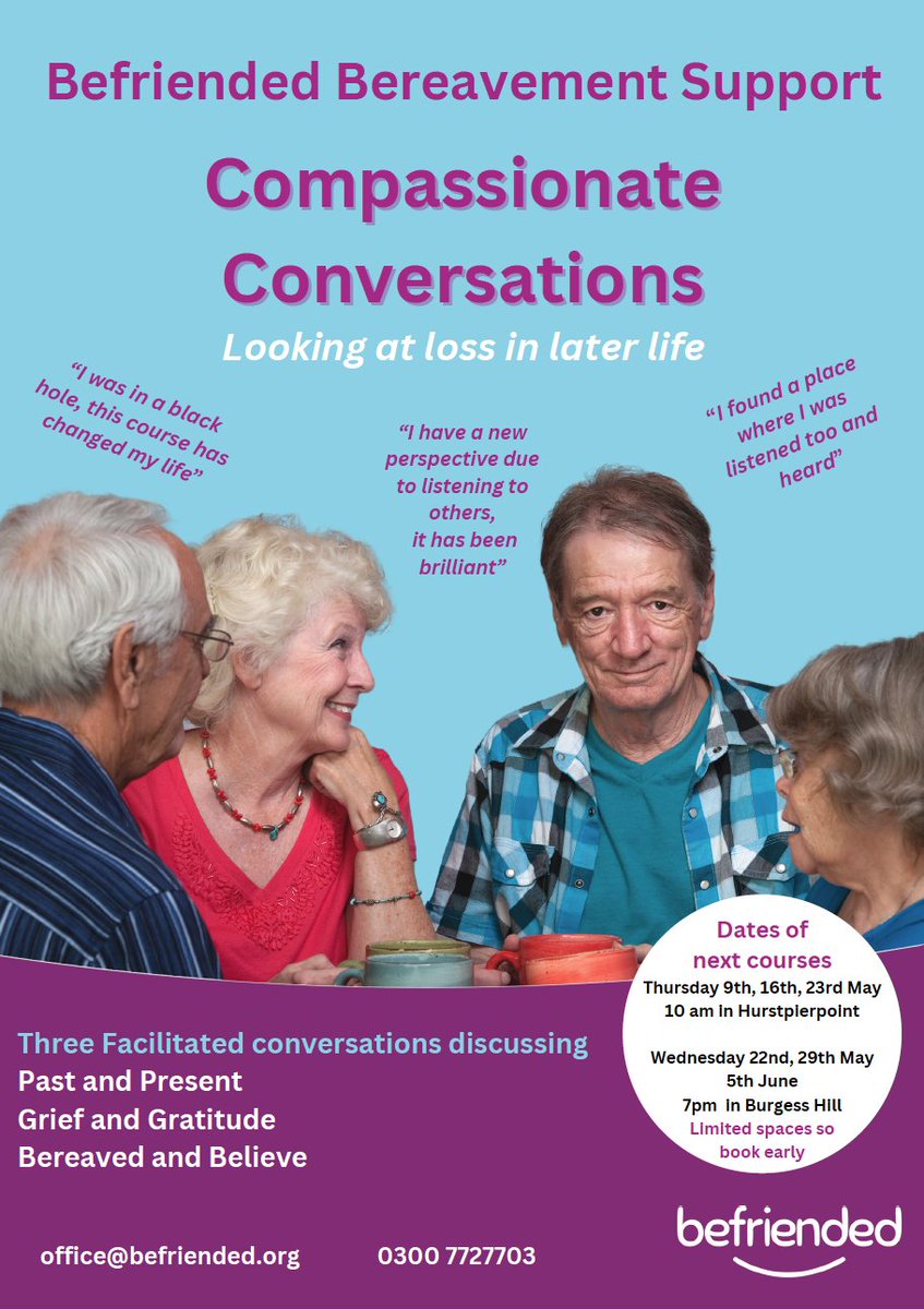 befriended_org's tweet photo. Compassionate Conversations  
Next available courses are
May 9th, 16th, 23rd May in Hurstpierpoint at 10-12
May 22nd, 29th &amp; June 5th in Burgess Hill at 7-9 pm
Book your place early as spaces are limited
email office@befriended.org or call 0300 772 7703 https://t.co/bfTn9RMXZt