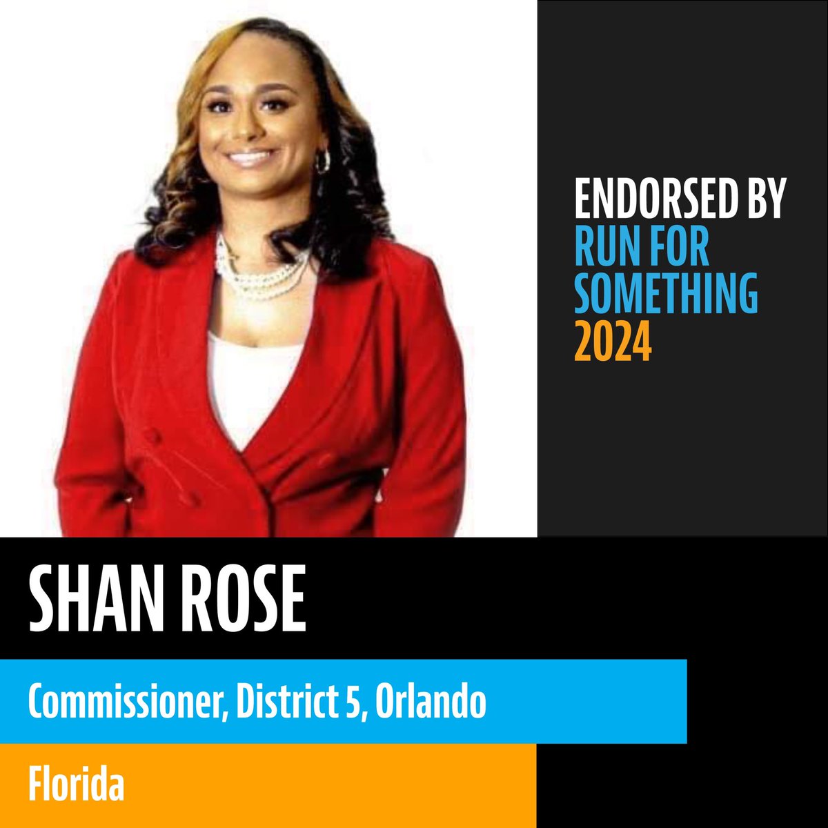 🚨🚨Proud to receive the endorsement of @runforsomething for this Orlando District 5 Commissioner! I need your support-PLEASE come wave a sign, knock doors, or make a contribution 🚨🚨
vote4shan.com/donate.php

#District5 #OrlandoCityCommission #ChampionForThePeople #ShanRose