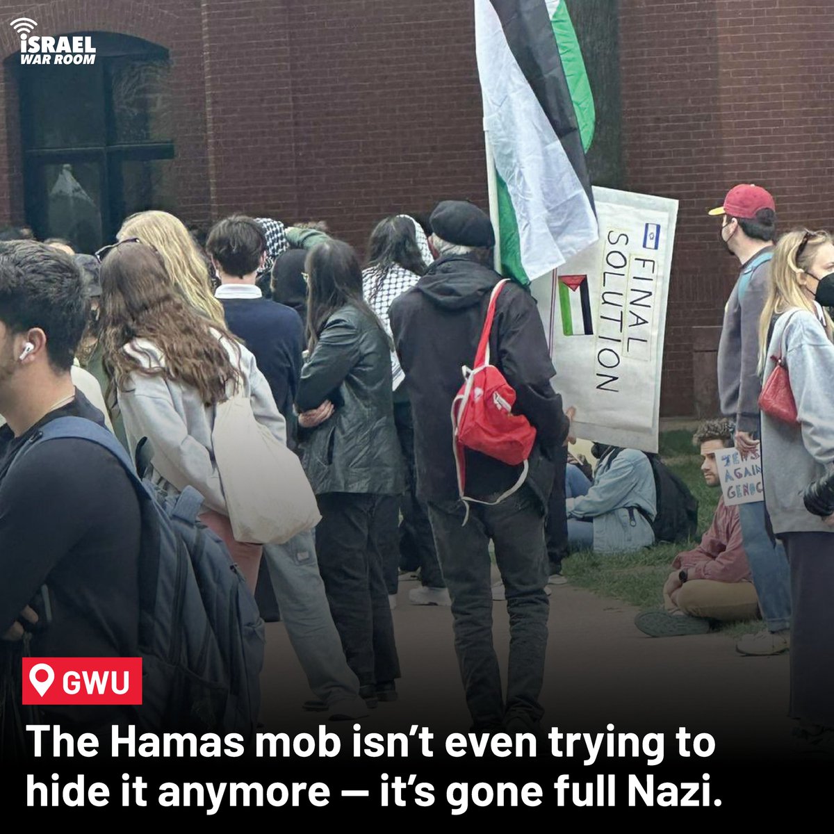 'One solution' = 'Final solution.' The mask is off. @GWtweets must take action against the Hamas mob.