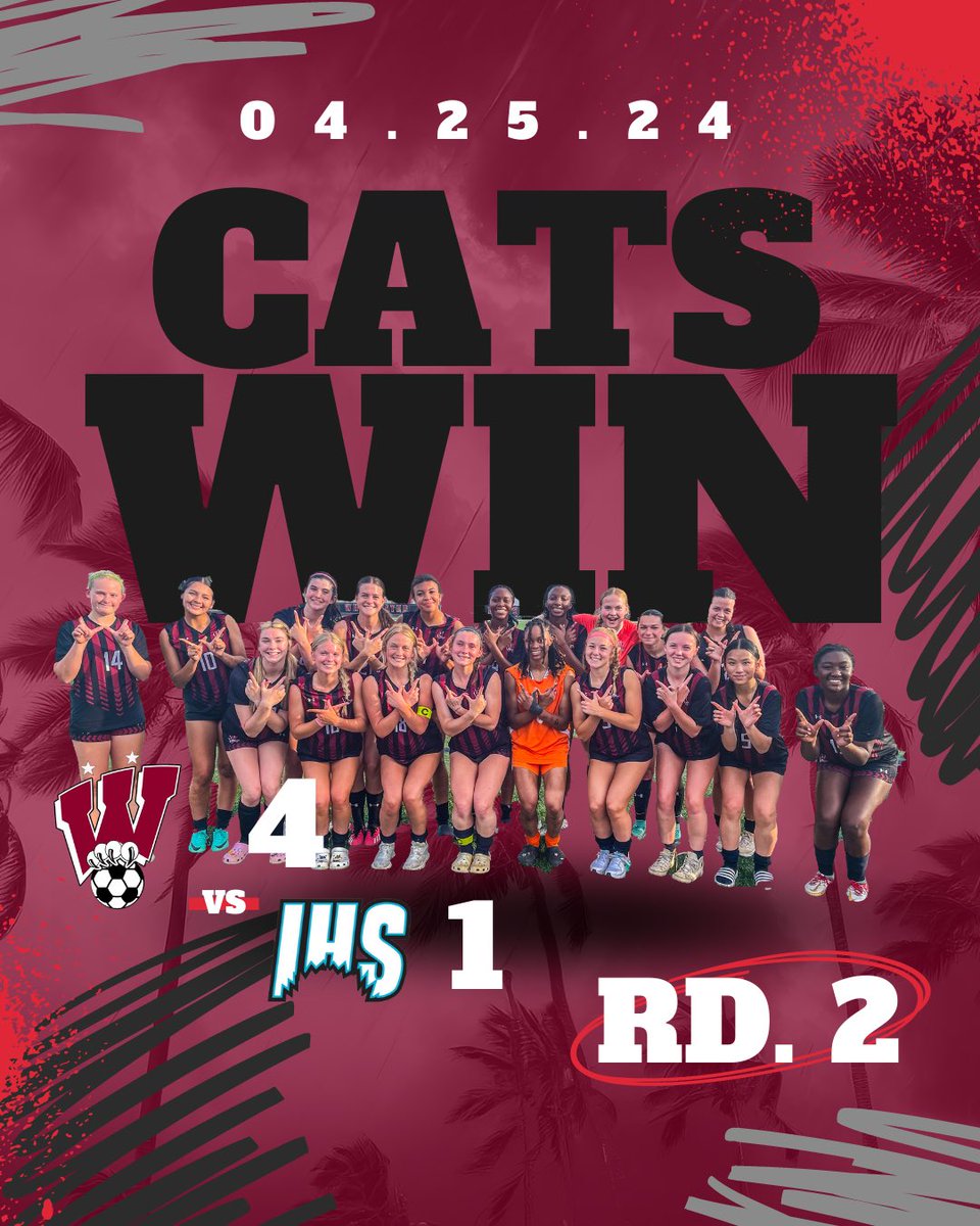 Cats win 4-1 over #1 seeded Islands High School! The ladies are headed back to the Elite 8! Goals by Julia Hudson (2), Maddison McGehee, and Anna Turner. #GoCats #WeCARE @WHSAthletics_ @FayetteSports