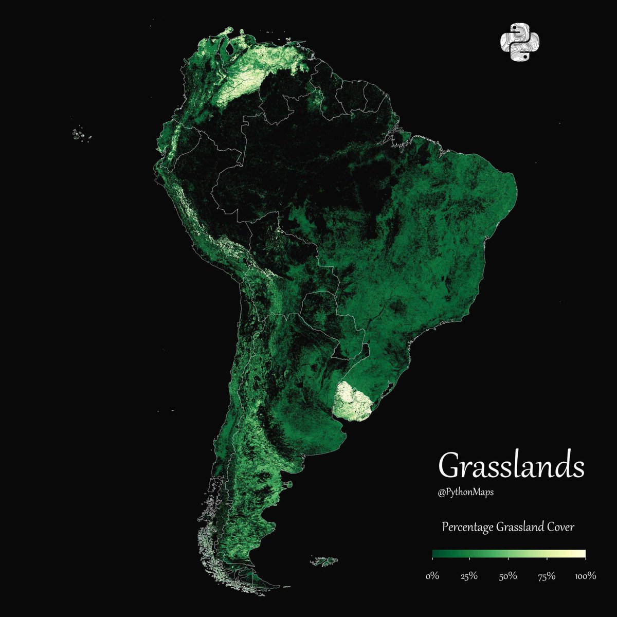 Percentage of grasslands in South America | r/MapPorn reddit.com/r/MapPorn/comm… #curiosidadescartograficas *Siga a página Curiosidades Cartográficas no Instagram em instagram.com/curiosidadesca…