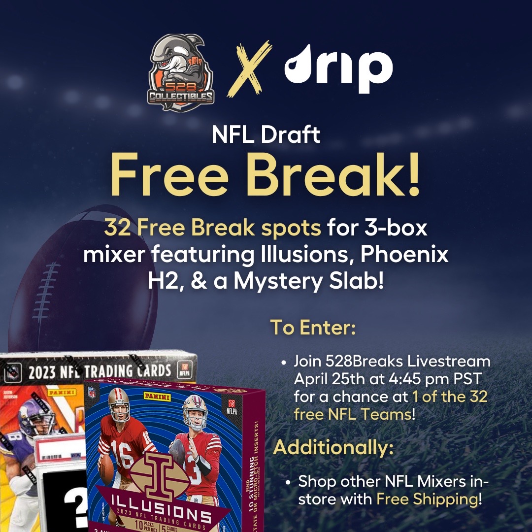 Drip Shop Live: Sports (@dripsport) on Twitter photo 32 FREE NFL Break spots will be available at 4:45 pm PST tonight exclusively with <a href="/528Collectibles/">528 Collectibles</a> on the Drip App! 💧
Enjoy FREE shipping on all NFL streams from 4-8 pm PST tonight during the 2024 NFL draft! #NFL #Sportscards
Join Here: i.mtr.cool/uxituszggd 32 FREE NFL Break spots will be available at 4:45 pm PST tonight exclusively with <a href="/528Collectibles/">528 Collectibles</a> on the Drip App! 💧
Enjoy FREE shipping on all NFL streams from 4-8 pm PST tonight during the 2024 NFL draft! #NFL #Sportscards
Join Here: i.mtr.cool/uxituszggd