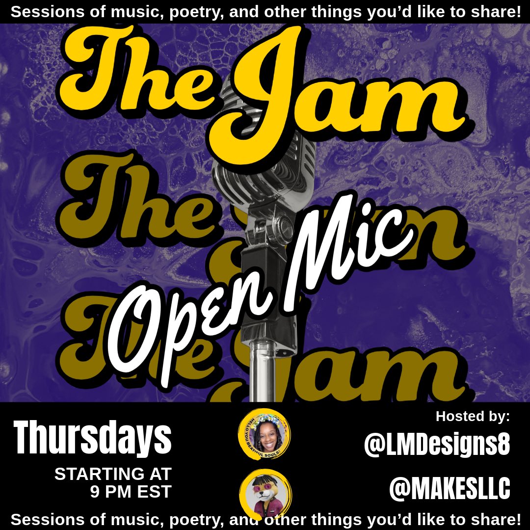 you are cordially invited to: The Jam 108 Thursdays @ 9pm EST (last call to stage 10:30) Share with us and the Jammers in sessions of poetry music & mindfulness Thank yall for all you share x.com/i/spaces/1Mnxn…