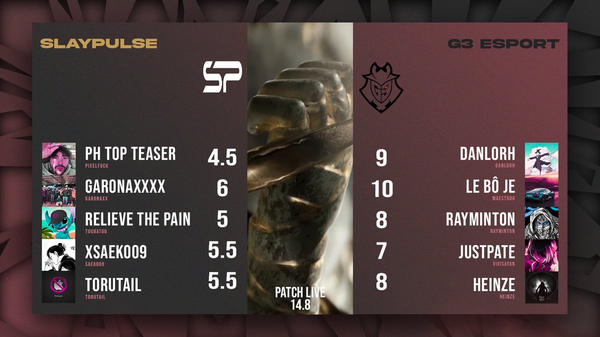 Une demi-finale exceptionnelle avec une victoire écrasante de G3 Esport 3 à 0 face à <a href="/SlayPulse/">SlayPulse</a> .

Des picks exotiques avec une Katarina mid et un Jarvan en support pour G3 Esport !

Merci aux deux équipes pour le BO qu'elles nous ont proposé !