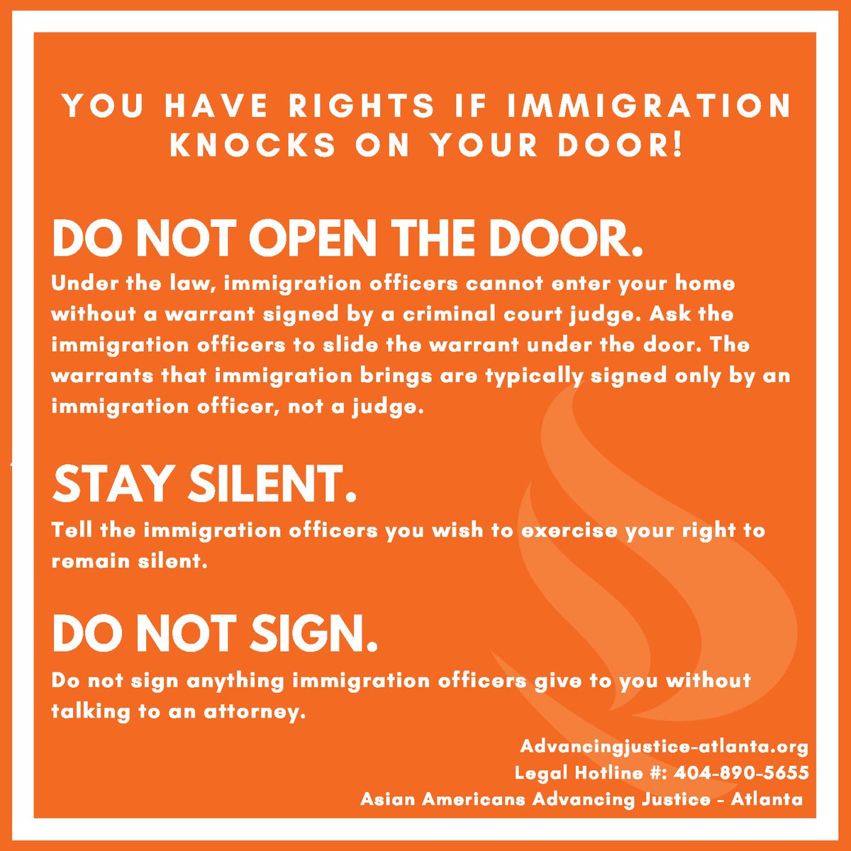 🔊Know Your Rights! Stay informed and empowered. Learn what your constitutional rights are if ICE comes to your door. Visit advancingjustice-atlanta.org/know-your-righ… for in-language resources and additional info. #ImmigrantRights #AdvancingJusticeATL