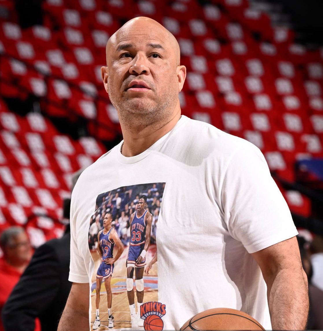 NBA_NewYork's tweet photo. Rick Brunson pregame in t-shirt of former teammates Mark Jackson &amp; Patrick Ewing who swept the Sixers 35 years ago winning Game 3 in Philly. Savage https://t.co/tPKXlnTnlD
