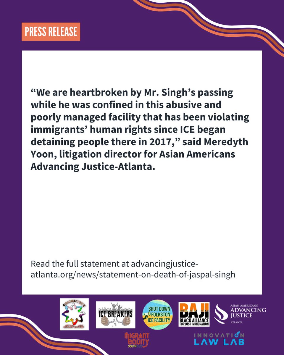 Shut Down Folkston ICE Processing Center  🔊  Join us on our mission to end the mistreatment of immigrants by ICE, and shut down FIPC upon the tragic death of Jaspal Singh. #AdvancingJusticeATL #ImmigrantRights