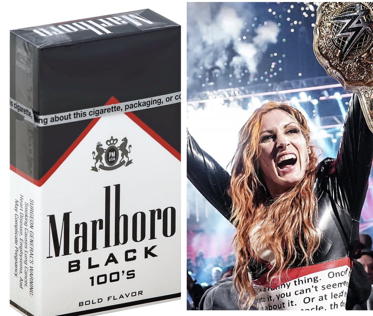 XSOALX's tweet photo. Not Becky lynch winning the title looking like a pack of Marlboro Black 100’s https://t.co/SlItjUr6T8