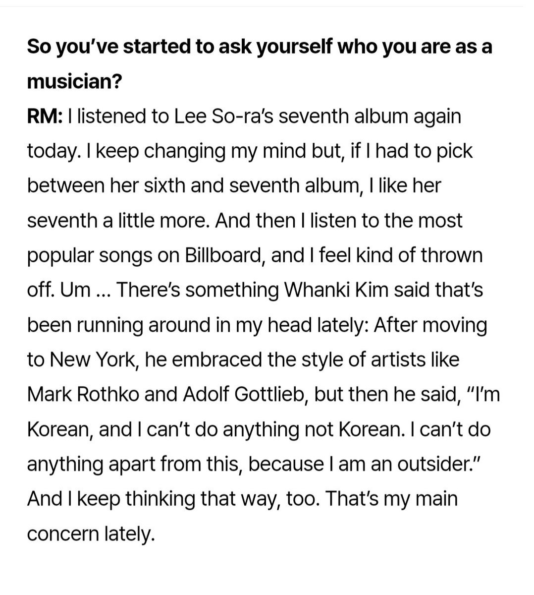 i immediately remembered namjoon quoting kim whanki in his 2020 weverse interview: 'i can’t do anything apart from this, because i am an outsider.'