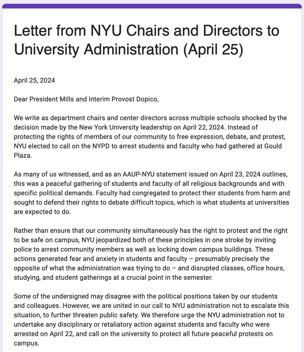 “Instead of protecting the rights of members of our community to free expression, debate, and protest, NYU elected to call on the NYPD to arrest students and faculty” — letter sent today by nearly 45 department chairs to @nyuniversity administration docs.google.com/forms/d/e/1FAI…