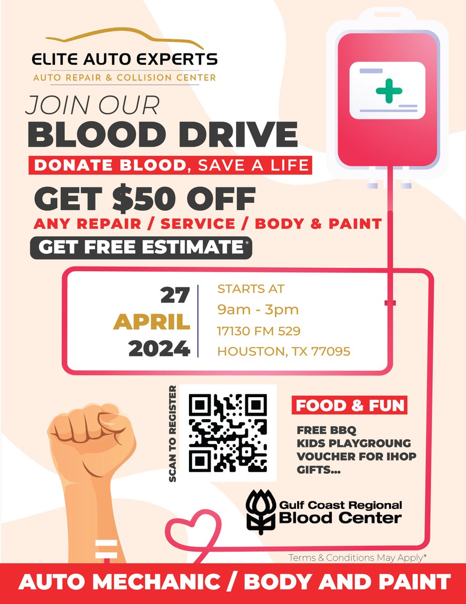 elite auto experts and Gulf Coast Regional Blood Center are teaming up again to help save lives in the community. This Saturday, April 27, donate blood and receive $50 OFF any repair, service, or body and paint job. Food and fun will also be provided. Come out and save lives!
