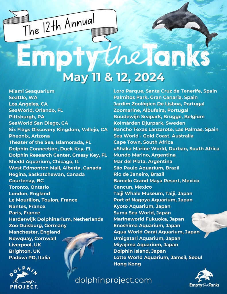MORE EVENTS ADDED for this year's #EmptyTheTanksWorldwide event- we are now at 54 locations! 🌎🐬 For times and details, please click on the individual location at: emptythetanks.org/upcomingevents

#EmptyTheTanks #DolphinProject