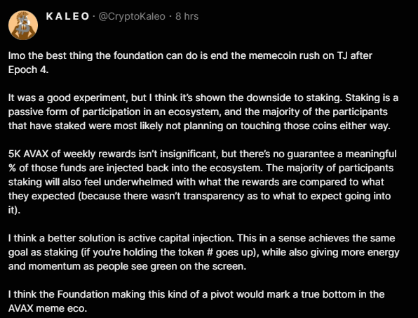 I think @CryptoKaleo has a good point. We may be putting too much of a Defi lens on something that doesn't need to be Defi - memecoins are just degenerate gambling and speculation. AL/AF/TJ and others have my gratitude for Memerush, although markets are down, I believe…