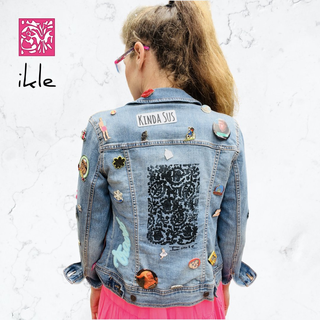 New Drop! This one-of-a-kind 'Retro Remix' blue denim jacket is a nostalgic journey through some of Kathryn's fondest childhood memories mixed with new and exciting experiences kathrynikleshop.com only one available!  #lapelpin #lapelpinstyle #pincollector