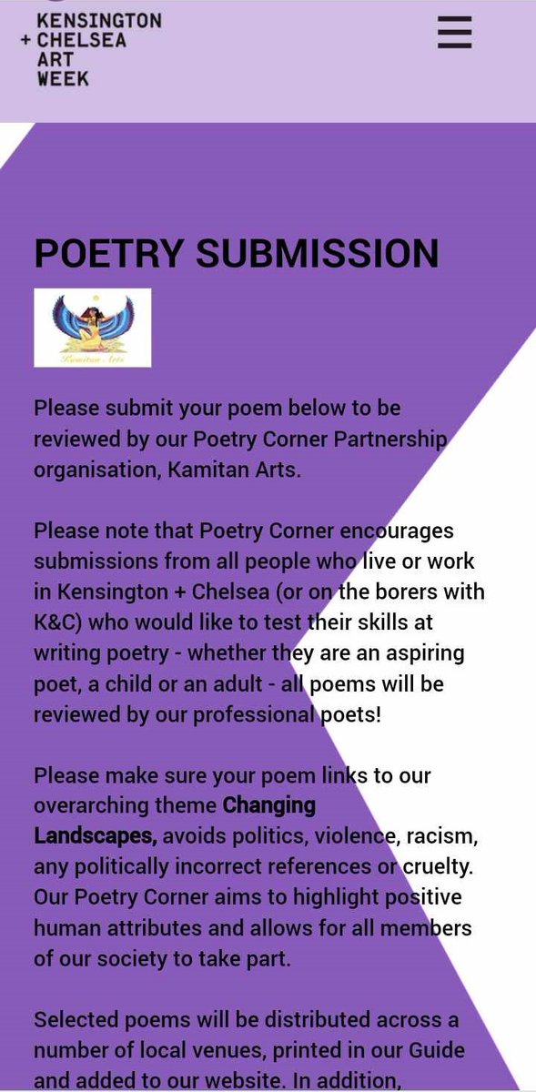 #KamitanArts invites you to submit a poem 4 @KCAWlondon #KensingtonandChelseaArtWeek’s #PoetryCorner by 30th April to have a chance 4 your poem being selected to be viewed on RBKC art gallery windows @ #KCAW 2024! Opportunity 2 recite @ our Poetry Circles! kamitanarts.com/projects/kcaw/