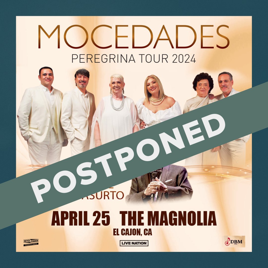 Due to unforeseen circumstances, Mocedades will not be able to perform at the Magnolia tonight. The show has been postponed, not cancelled. Please hold onto your tickets, and stay tuned for rescheduling information.