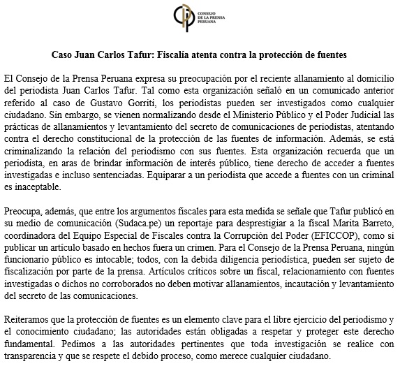 El allanamiento al domicilio del periodista Juan Carlos Tafur (<a href="/jctafur/">Juan Carlos Tafur</a>) es un atentado más de la <a href="/FiscaliaPeru/">Ministerio Público</a> contra la protección de fuentes y criminaliza la relación del periodismo con sus fuentes.

Aquí el comunicado completo:
consejoprensaperuana.org.pe/comunicado/cas…