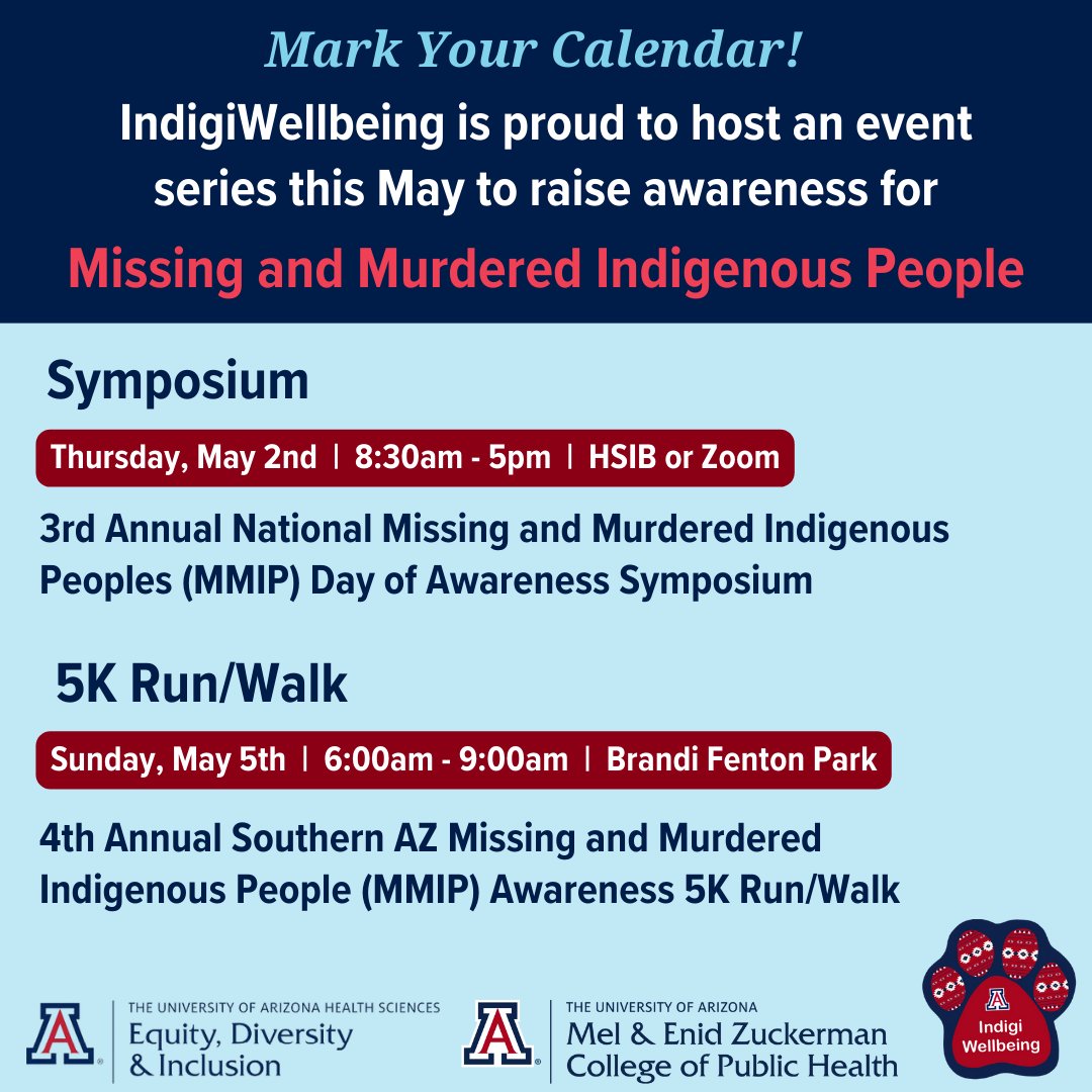 Save the Date! IndigiWellbeing is proud to host a Symposium and a 5K Run/Walk this May to raise awareness for Missing and Murdered Indigenous People (MMIP). #IndigenousHealth #NativeHealth #MMIP Learn more and register here: bit.ly/4aHfO2R