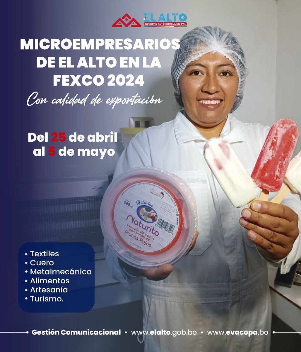 🧥🥾Más de 20 productores en textiles, cuero, alimentación, tecnología, metalmecánica y artesanía representarán a El Alto en la  Feria de Exposición Internacional de Cochabamba (FEXCO).

#RenuevaElAlto