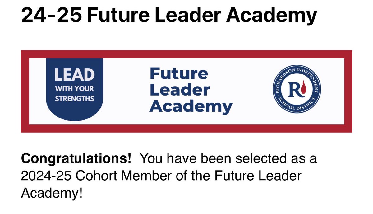 Thrilled to be part of Future Leader Academy next school year! Can’t wait to learn and invest in leadership potential with new colleagues and district leaders @RISDLeadandInt #FLAinRISD #RISDWeAreOne #RISDBelieves @AikinEagles