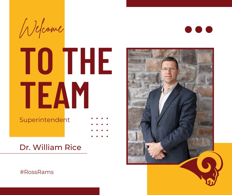 Ross_Local's tweet image. 🌟 Exciting News! 🌟 Introducing Dr. William Rice as our new Superintendent effective 8/1/24! With his leadership and dedication, we&apos;re excited for the bright future ahead. Welcome, Dr. Rice! 🎉🍎 #RossRams