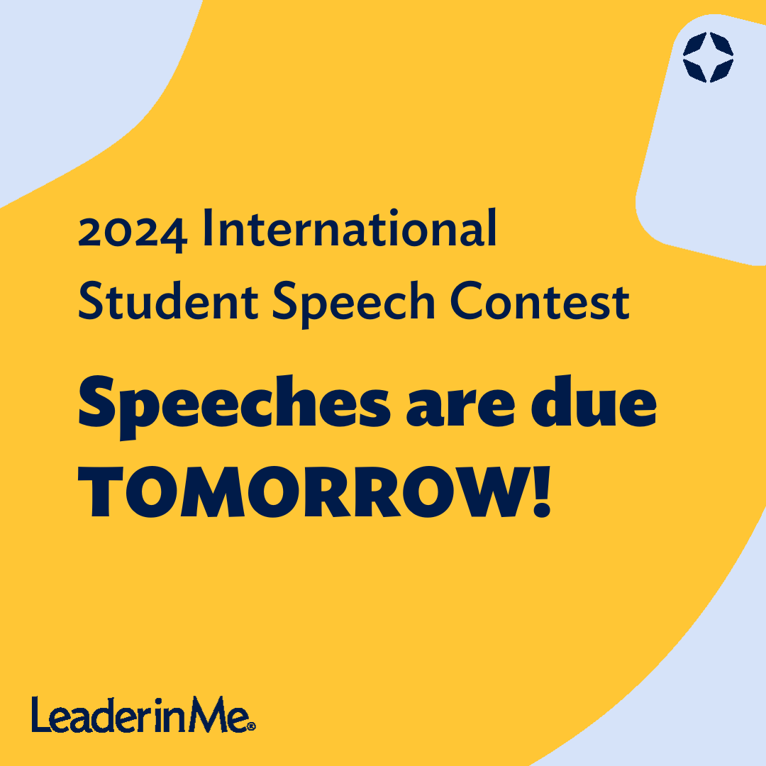The deadline for our Student Speech Contest is tomorrow! Don't forget to get your applications in! bit.ly/431JIfb #LeaderInMe #StudentSpeechContest #Lead #Leadership #Speech