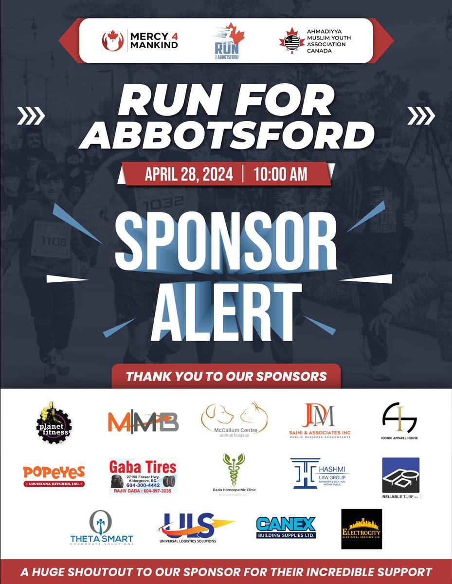 Run4Abbotsford's tweet photo. Big shoutout to all our amazing sponsors for the Run for Abbotsford! 🙌 Your support means everything to us. Let's make this run unforgettable together! #RunForAbbotsford #Grateful #Abbotsford https://t.co/LbBu4uIUv0