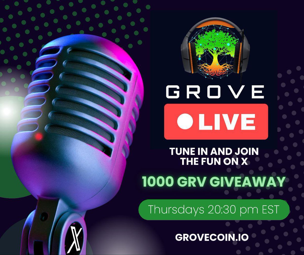 In just under 2 hours #GroveLive space will be live and hosted by @MACGROUP8 Set your reminder 👉 x.com/i/spaces/1OwGW… Make sure to tune in for another weekly update and all things #GRV & #GBurn. #BuildOnGroveBlockchain 1000 #GRV Giveaway