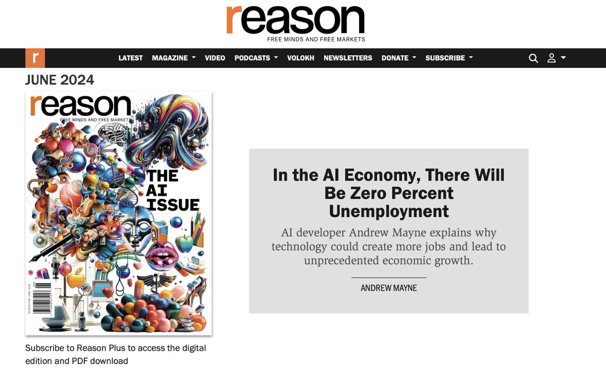 In the upcoming issue of Reason magazine I make the case for 0% unemployment in an AGI future. Not via UBI or made-up jobs, but through economic growth that will always outpace the supply of labor. reason.com/issue/june-202…