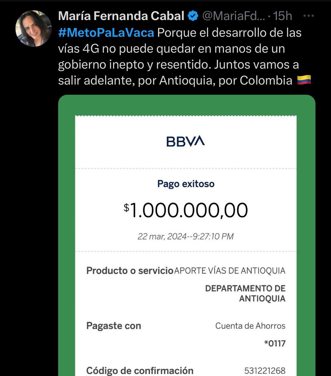 Señores <a href="/consejodeestado/">Consejo de Estado</a> aporto prueba de la donación que hizo la senadora <a href="/MariaFdaCabal/">María Fernanda Cabal</a> a la vacky para la vía de antioquia, dono 1.000.000 de pesitos <a href="/CorteSupremaJ/">Corte Suprema de Justicia</a>