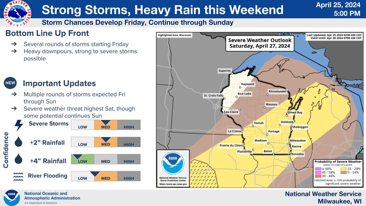 Rounds of showers and storms are expected from Fri afternoon into Sun nt. The heavy rain 🙴 severe storm potential will be most focused late Sat-Sun. Be sure to check back over the next day or two as details are refined. #swiwx