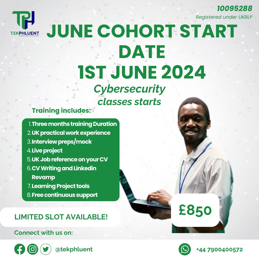 Elevate your career in cybersecurity with Tekphluent's June Tech Accelerator Cohort! Join now to become a cybersecurity expert and unlock endless opportunities. Secure your spot today! 
#TechTraining #Cybersecurity #SignUpNow #TechSkills #CareerGrowth #Tekphluent