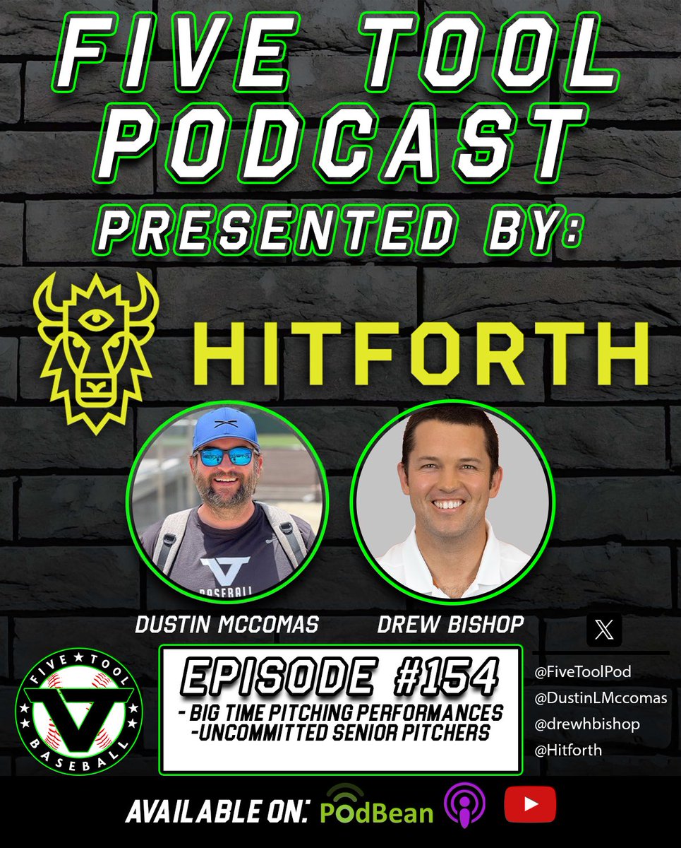 Episode 1️⃣5️⃣4️⃣ of the @FiveTool Podcast - presented by @Hitforth With: @DustinLMcComas & @drewhbishop Mentions: @StormyRhodes24 @connor_bloomer @JaxLegrand + more! 🤔Big-time pitching performances & uncommitted seniors 🔗fivetool.org/podcasts 🍎 podcasts.apple.com/us/podcast/the…