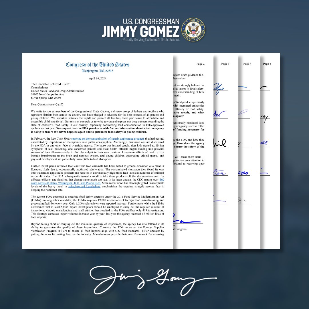 Last week, I led 31 @DadsCaucus members in demanding answers from @US_FDA on how lead was allowed in kids' food, including applesauce and Lunchables, and what they're doing to ensure it never happens again. This should have never happened. We need answers.