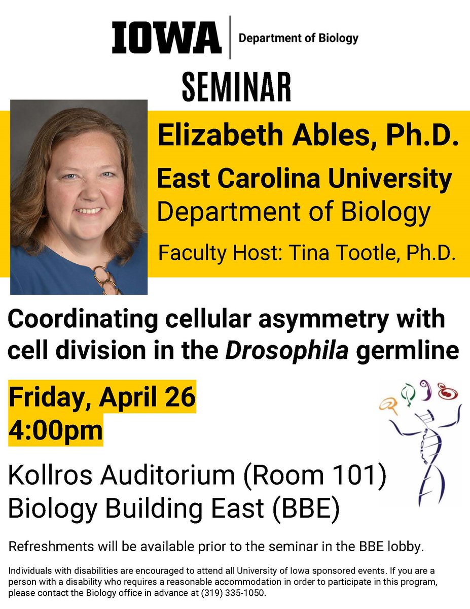 uiowabiology's tweet photo. Our seminar this week will be led by Elizabeth Ables, PhD, an Associate Professor in the Department of Biology at East Carolina University. The seminar will begin at 4:00PM on Friday, April 26, in Kollros Auditorium (BBE101).
All are welcome to attend, &amp; we hope to see you there! https://t.co/qMkvZSOo1Q